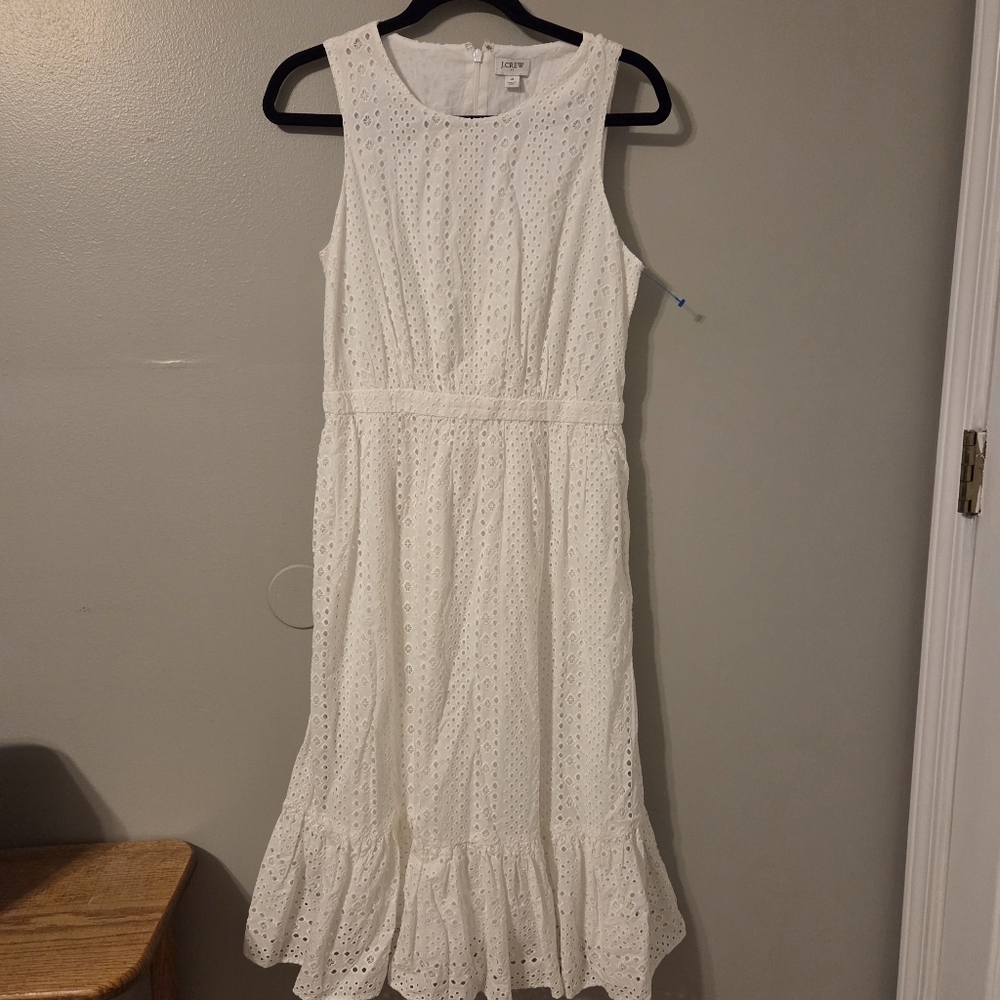J. Crew Womens White Lace Teird Eyelet Midi Dress SZ 4 Coastal Preppy NWT - Picture 2 of 8